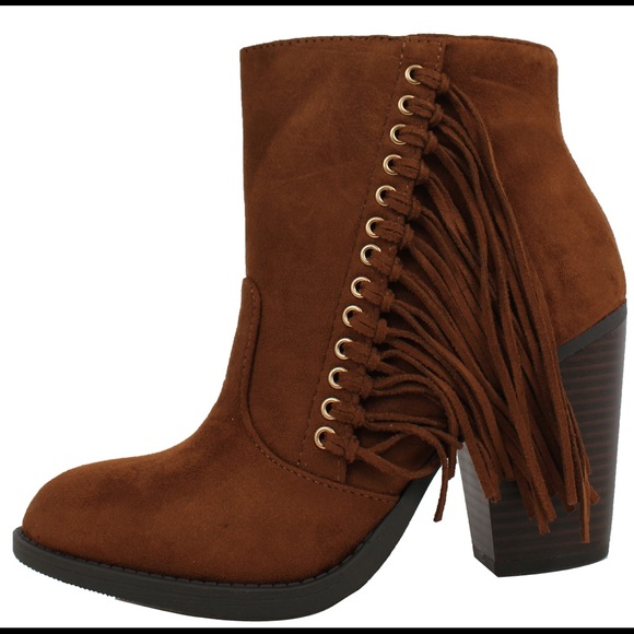Cognac fringe Stacked block heel ankle boot - Picture 2 of 4